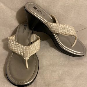 White Basket Weave Wedge Thong Sandal - 8
